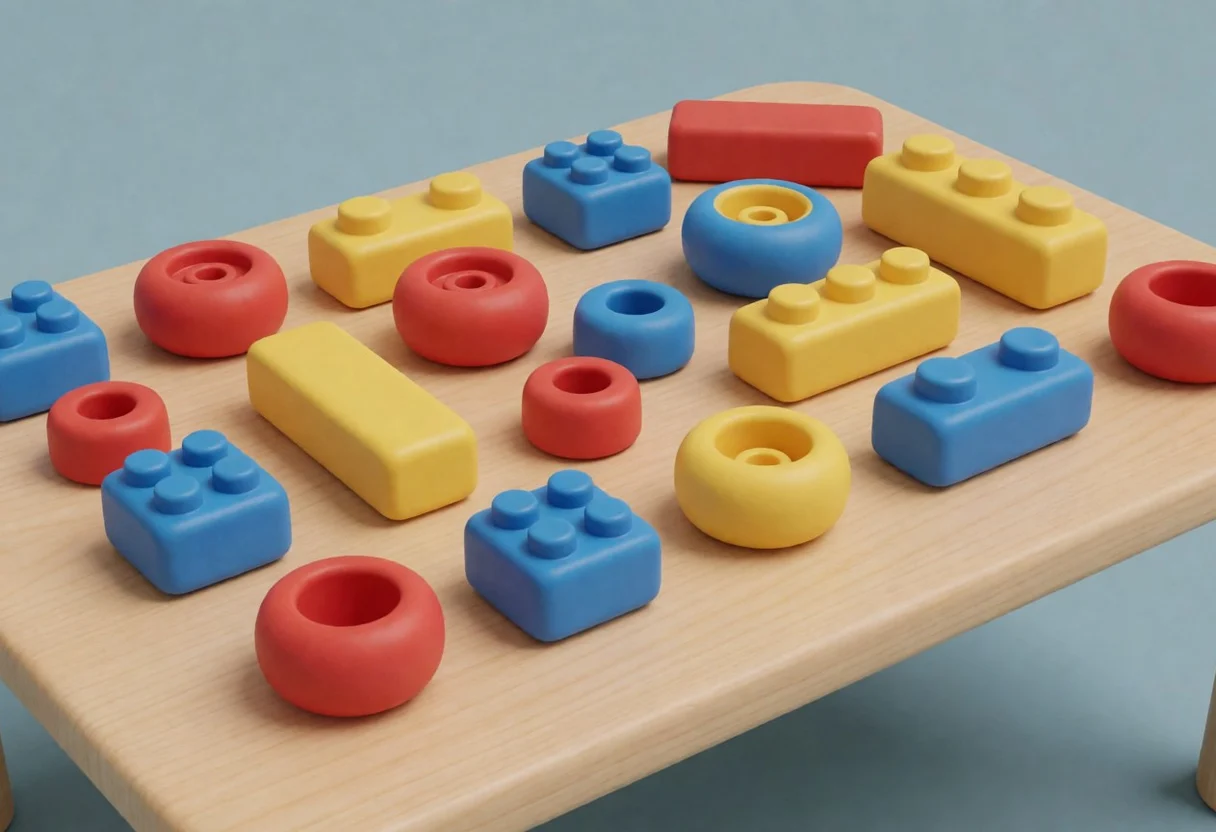 Ficha de la clase 1: una charola de madera con ruedas y bloques ordenados por hueco